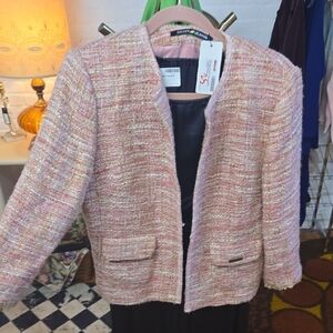 DKNY Pink Multicolor Tweed Open-Front Jacket 3/4 Sleeve